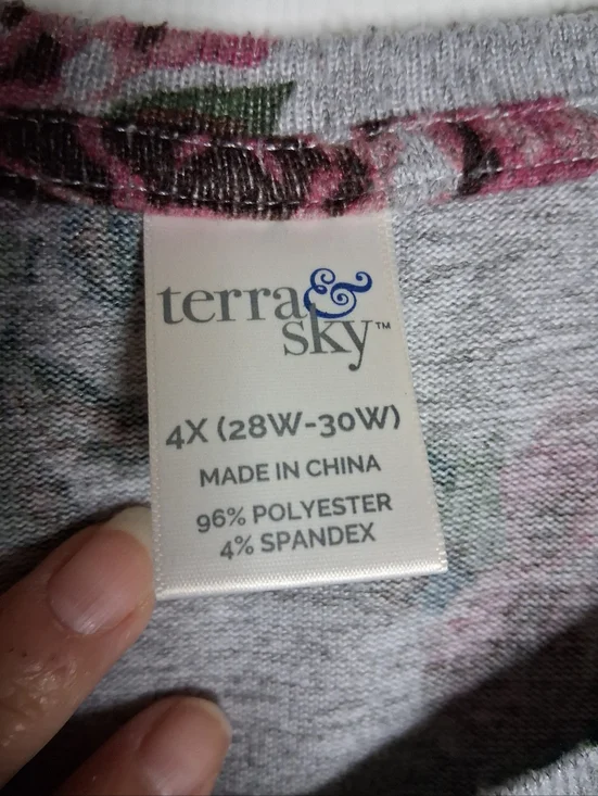 Lightweight Fleece Like Grey Floral Pink Rose Ruched Sleeve Top - Women SZ 4X - Picture 4 of 7